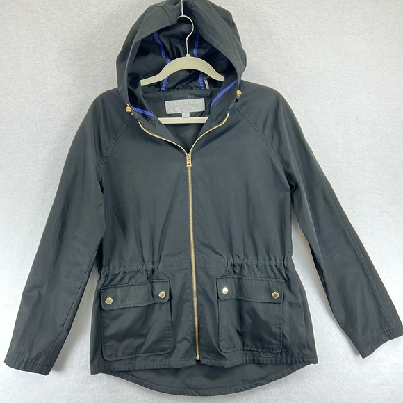 Marc New York Windbreaker Jacket Sz M Black Gold Buttons Hooded Zip Front EUC - Picture 1 of 11